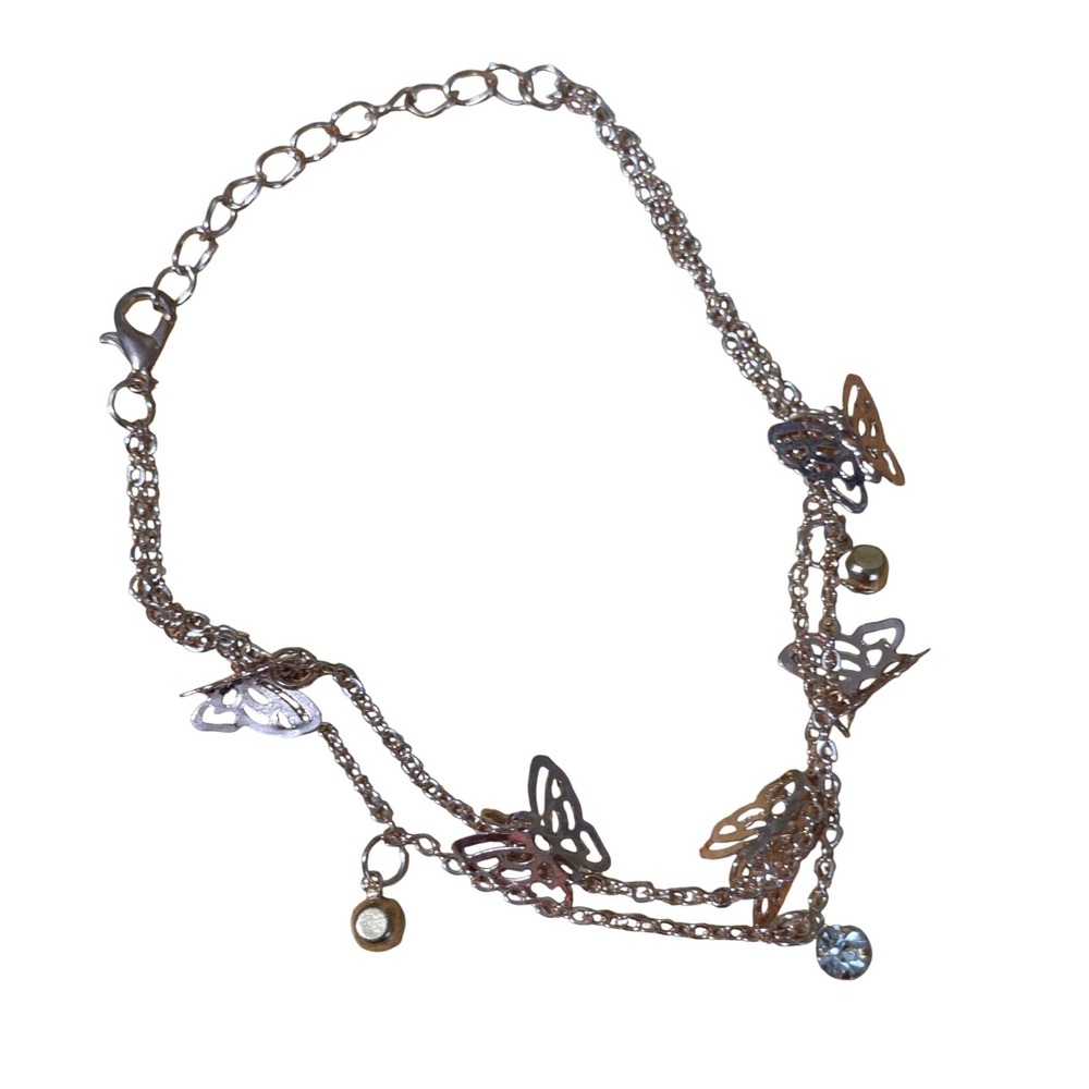 Rose Gold Double Chain Butterfly‎ Charm Anklet with Rhinestone Accents Novelty